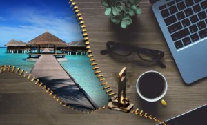 photo of coffee cup and glasses with scene of lovely beach symbolizing Smart Travel Tips for Entrepreneurs These Won't Bust Your Budget!